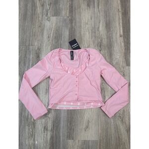 Playboy x Missguided Pink Button Front Long Sleeve Crop Top Playboy Bunny Print